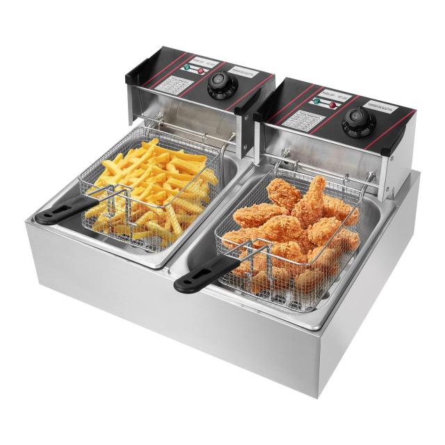 BRISUNSHINE 電気フライヤー 業務用 二槽式 12L 大容量 卓上フライヤー 100/?110V 温度調整付 2500W 揚げ物 天ぷら 唐揚げバスケット付の通販は