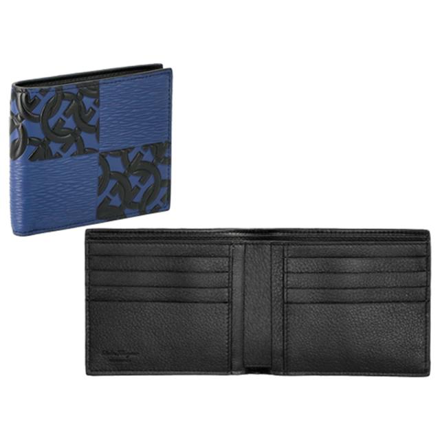 フェラガモ Ferragamo 財布 二つ折り財布 折りたたみ財布 小銭入れなし 661083 753712 メンズ ブルー+ブラック 本革 レザー 財布 使いや_1