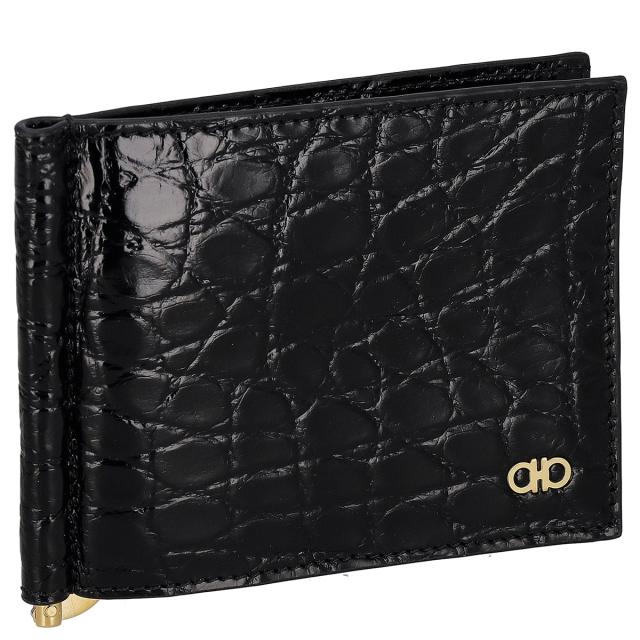 フェラガモ Ferragamo カードケース 名刺入れ マネークリップ付き 661475 776477 ALLIGATOR NERR クロコダイル ワニ革 メンズ ブラック