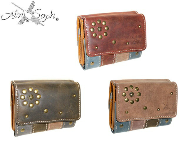 Ain Soph アインソフ Ain Soph アインソフ AinSoph アインソフ AINSOPH 牛革 スタッズ付きマルチカラー三つ折財布 DA1462-HP ain44