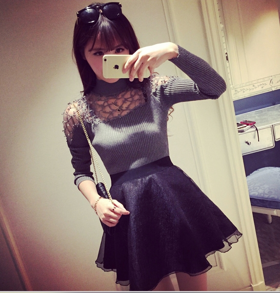 レース エッジ ボトミング Tシャツ トップス カットソー ニットソー 袖