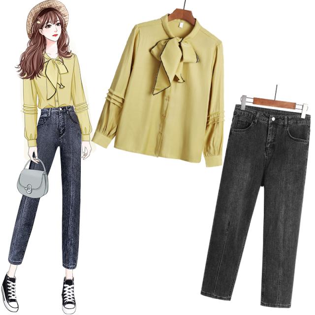 セットアップ シャツ ブラウス × デニム ジーンズ 2点セット お得 ツーピース 上下セット 春 秋 ガーリー コーデ 襟付き リボンタイ リボン付き 長袖 フロントボタン トップス ボトムス パンツ スタイル 大人可愛い 大人女子 かわいい 可愛い 通勤 通学 お出かけ デート 女