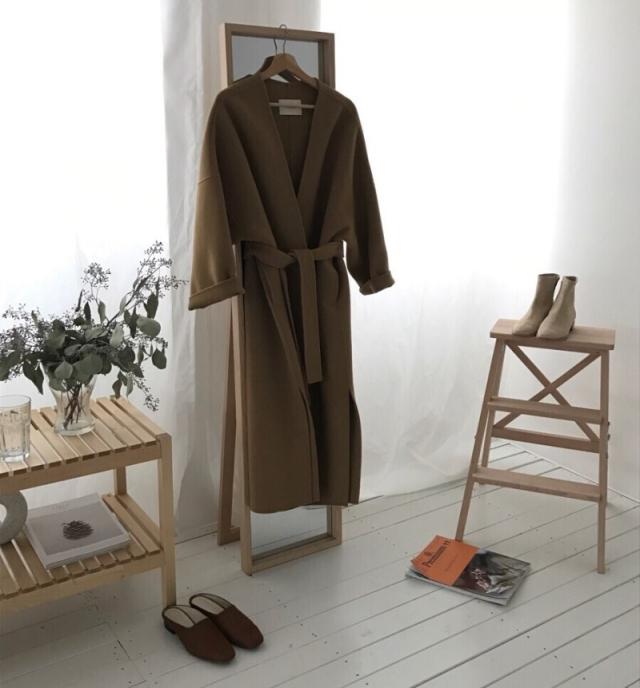 ウールロングコート カーディガン ガウン ウエストマーク ノーカラー