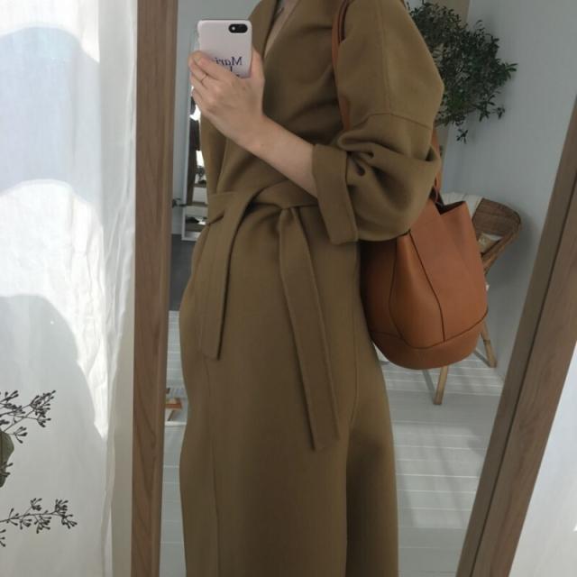 ウールロングコート カーディガン ガウン ウエストマーク ノーカラー