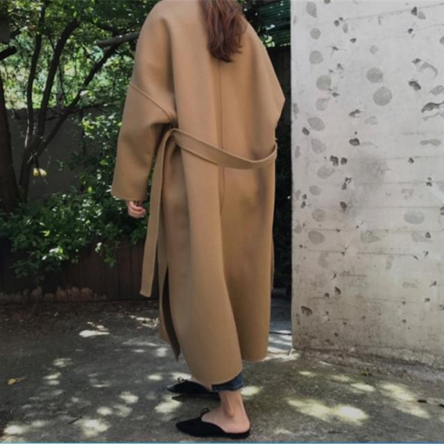 ウールロングコート カーディガン ガウン ウエストマーク ノーカラー