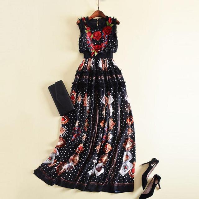 ワンピース ローズ 立体刺繍 花柄 ドット柄 チュールフリル ラウンドネック ノースリーブ ウエスト切り替え ハート柄トランプ柄 フレア Aライン モノトーン 配色 レトロ  個性的 カジュアル きれいめ 大人 可愛い 上品 バラ型 刺しゅう お呼ばれ お出かけ デート 春夏 秋  黒
