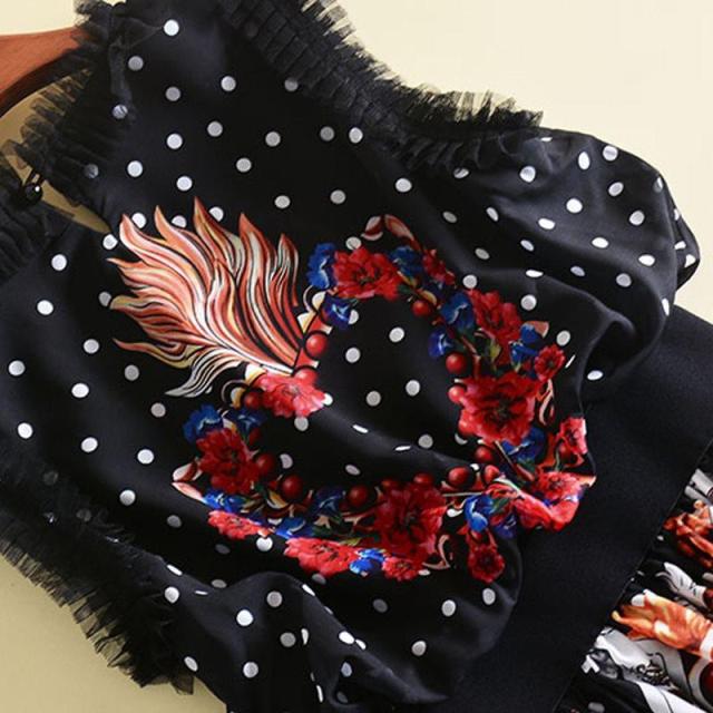 ワンピース ローズ 立体刺繍 花柄 ドット柄 チュールフリル ラウンドネック ノースリーブ ウエスト切り替え ハート柄トランプ柄 フレア Aライン モノトーン 配色 レトロ 個性的 カジュアル きれいめ 大人 可愛い 上品 バラ型 刺しゅう お呼ばれ お出かけ デート 春夏 秋 黒