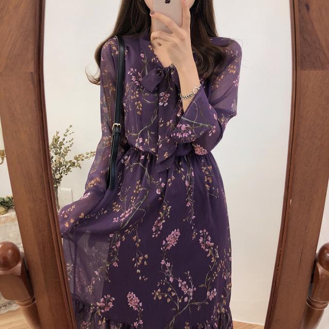 ロング ワンピース レディース カジュアル ファッション ミディアム丈 花柄 ボウタイ リボン 韓国 大人 可愛い 透け感 春 秋 デート 合コン お出かけ 通勤 通学 モテ コーデ スタイル きれいめ エレガント パープル ブラック 小さい 大きい サイズの通販は 4,752円