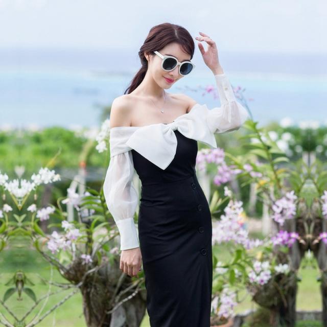 ドレス 長袖 ロング 丈 レディース ブラック ホワイト イブニング ワンピース 蝶 結び リボン オフショルダー サイド スリット 上品 エレガント フォーマル きれいめ かわいい シンプル カジュアル おしゃれ 休日 デート お出かけ お呼ばれ 旅行 女子会 パーティー イベント