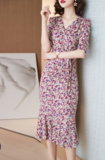 イブニング ドレス レディース Vネック 花柄 スリム 薄手 ロング丈 スカート レトロ きれいめ 可愛い シンプル カジュアル 上品 お出かけ デート パーティー イベント リゾート 旅行 エレガント モダン 存在感 フォーマル 袖あり 膝下 花柄 セミフレア マーメイド ふんわり