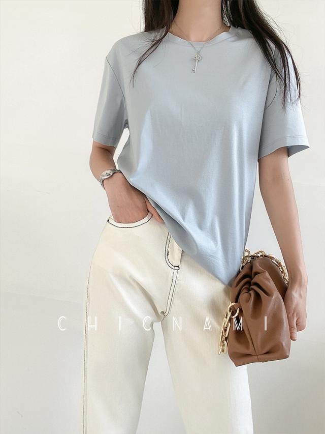 Tシャツ レディース 半袖 ゆったり 夏 トップス カットソー ラウンドネック 無地 シンプル 綿100％ 大人 お洒落 こなれ感 カジュアル ナチュラル ママ 通勤 通学 学生 お出かけ デート 旅行 休日 普段着 普段使い 重ね着 着回し_1