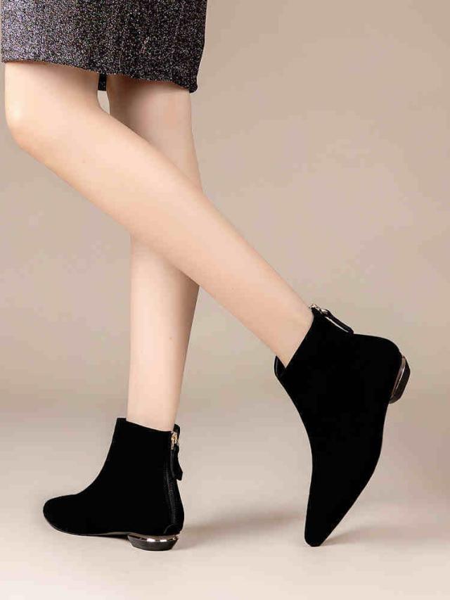 ショート ブーツ スエード PU レザー レディース 黒 無地 小さいサイズ 22.0cm 22.5cm ポインテッドトゥ アンクル  ローヒール 背面ジッパー ファスナー シンプル カジュアル 歩きやすい 履きやすい 定番 大人 可愛い きれいめ お洒落 通勤 通学 学生 お散歩 デート 春 秋 冬