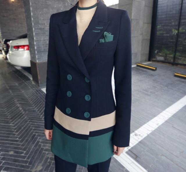 セットアップ 上下 レディース パンツスーツ カラーブロック ジャケット テーラードカラー ダブルブレスト チュニック丈 パンツ ストレート アンクル丈 足首見せ ハイウエスト 配色ボタン シンプル きれいめ おしゃれ 大人 かっこいい クール 上品 通勤 お出かけ 脚長 黒 セットアップ 上下 レディース パンツスーツ カラーブロック