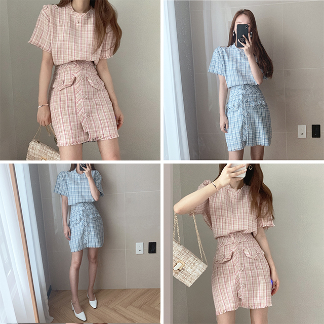 レディース ツイード セットアップ ブラウス タイト スカート ミニ 膝