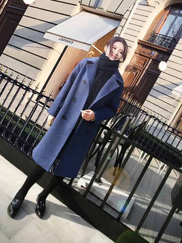 レディース チェスター コート 人気 通販 ウール ロング アウター 厚い ダブルブレスト ボタン 襟付き スーツ襟 ベーシック 定番 シンプル 無地 長袖 ポケット ミディアム ゆったり 大きい サイズ 3XL 4XL 5XL 6XL 体型カバー おしゃれ 上品 通勤 通学 学生 お出かけ 黒