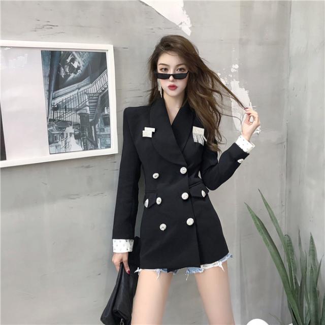 配色カフス付き ダブルボタン ジャケット レディース アウター 襟付き