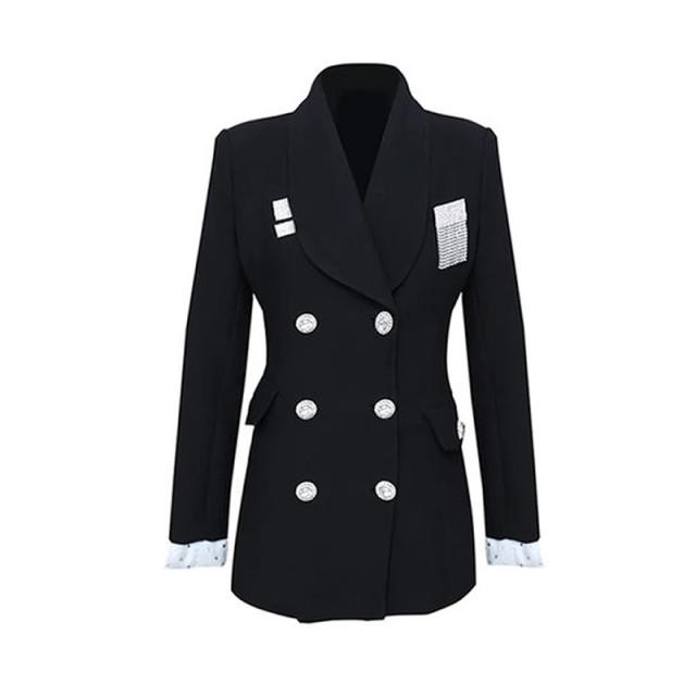 配色カフス付き ダブルボタン ジャケット レディース アウター 襟付き タキシードカラー ビジューボタン きらきら 長袖 袖口バイカラー スパンコール 装飾 すっきり ウエストシェイプ きれいめ 上品 おしゃれ かっこいい 個性的 クール モード系 イベント デート お出かけ 黒 配色カフス付き ダブルボタン ジャケット レディース アウター 襟付き