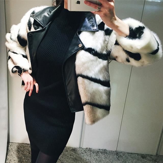 革のステッチミンクの毛皮風アウター アウター ショート ショート丈 袖あり 長袖 襟付き 切り替えデザイン ドッキング PU フェイクファー 大人 上品 おしゃれ お洒落 かっこいい 個性的 クール 存在感 ストライプ 冬 レディース デート お出かけ 女子会 休日 普段使い 韓国
