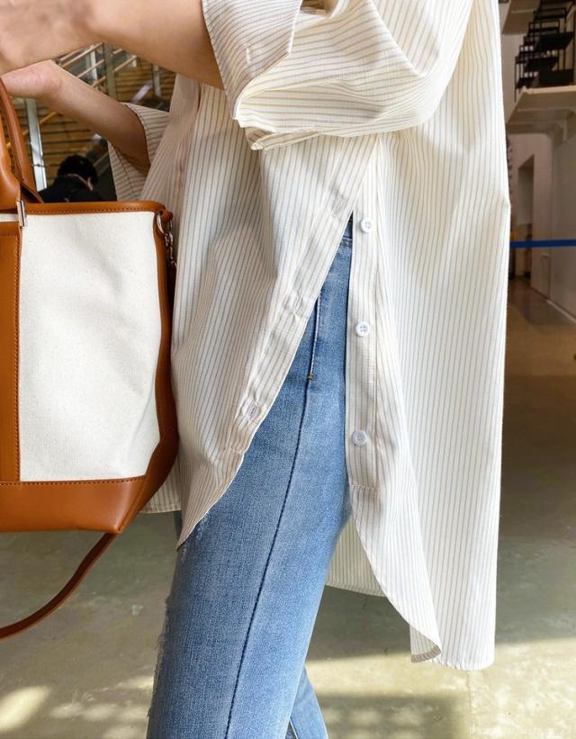 シャツ トップス 人気 通販 ストライプ 襟付き ボタン サイドスリット