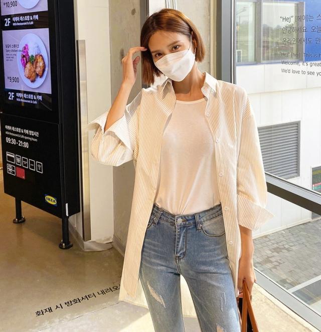 シャツ トップス 人気 通販 ストライプ 襟付き ボタン サイドスリット