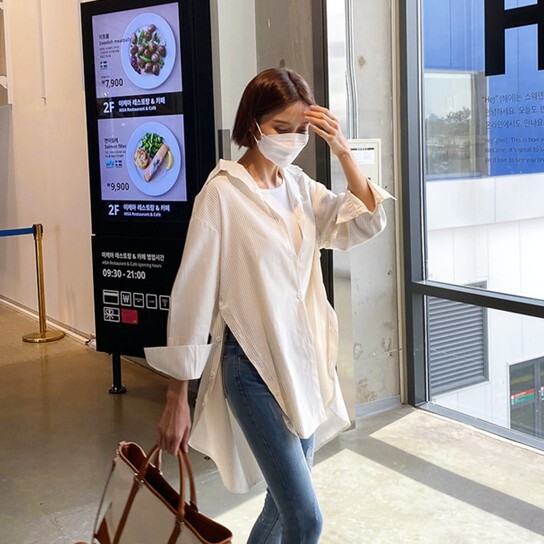 シャツ トップス 人気 通販 ストライプ 襟付き ボタン サイドスリット