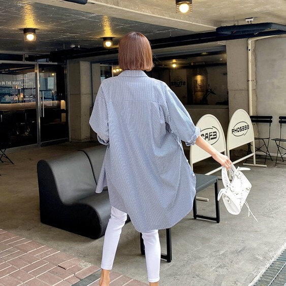 シャツ トップス 人気 通販 ストライプ 襟付き ボタン サイドスリット