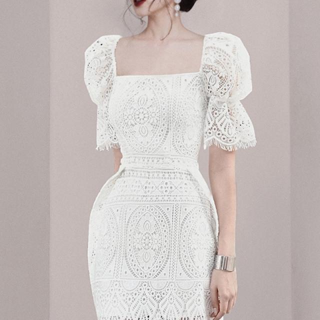 ワンピース レディース 白 きれいめ ドレス 半袖 花柄 レース ドレス