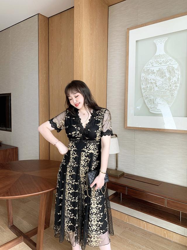 ワンピース レディース 黒 ドレス チュール 半袖 ロング 花柄 レース