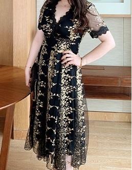 ワンピース レディース 黒 ドレス チュール 半袖 ロング 花柄 レース