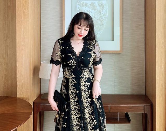 ワンピース レディース 黒 ドレス チュール 半袖 ロング 花柄 レース