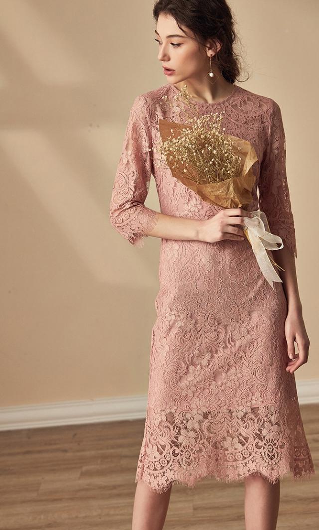 ワンピース レディース レース 花柄 七分袖 袖あり 透け感 ラウンド