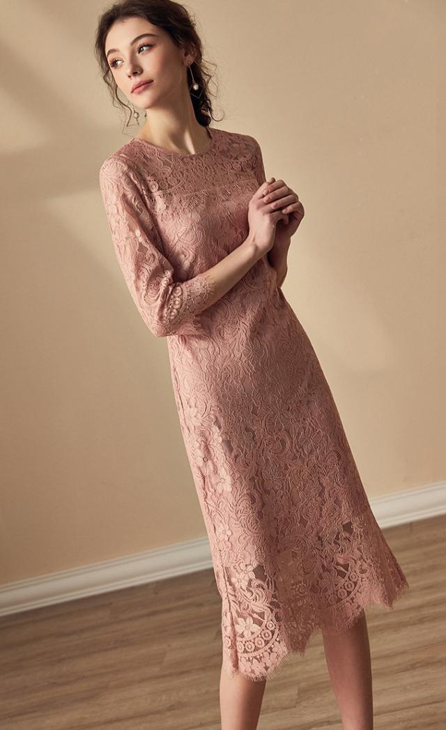 ワンピース レディース レース 花柄 七分袖 袖あり 透け感 ラウンドネック スカラップ ひざ下 ミディ丈 タイト スリム 細身 大人 女子 可愛い お洒落 フェミニン 上品 エレガント 華やか ピンク Sサイズ 黒 ピンク 春 夏 おでかけ デート 旅行 休日 ワンピース レディース レース 花柄 七分袖 袖あり 透け感 ラウンド