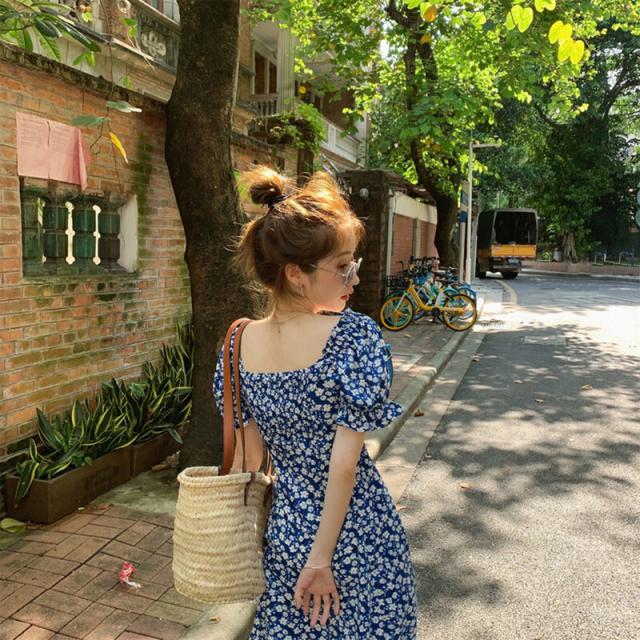 レディース サマー ワンピース 膝下 ひざ下 ミディ丈 スリット 袖あり