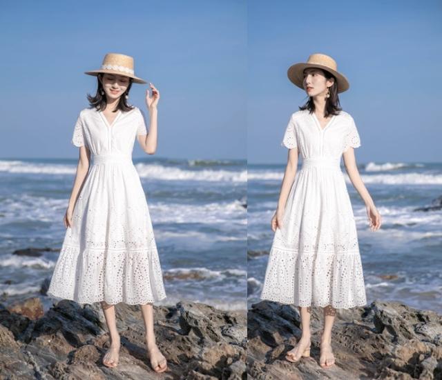 レディース ワンピース 人気 通販 Vネック パンチング レース 花柄 レース 透け感 ティアード フレア ミモレ丈 膝下 半袖 袖あり スカラップ ハイウエスト 切り替え Aライン レトロ クラシカル 大人 可愛い ラブリー 清楚 華やか フェミニン 通勤 通学 お出かけ デート 旅行_11
