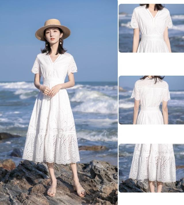 レディース ワンピース 人気 通販 Vネック パンチング レース 花柄 レース 透け感 ティアード フレア ミモレ丈 膝下 半袖 袖あり スカラップ ハイウエスト 切り替え Aライン レトロ クラシカル 大人 可愛い ラブリー 清楚 華やか フェミニン 通勤 通学 お出かけ デート 旅行_5