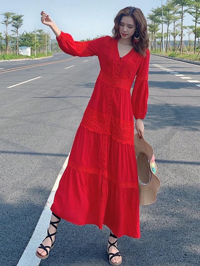 レディース ワンピース Vネッ人気 通販 ク ロング ミモレ丈 半袖 長袖 ティアード 花柄 刺繍 レース フロントボタン パフ袖 パフスリーブ ハイウエスト Aライン 美シルエット 綿 コットン 切り替え おしゃれ 大人 可愛い ラブリー キュート フェミニン 休日 お出かけ 通学 白_2