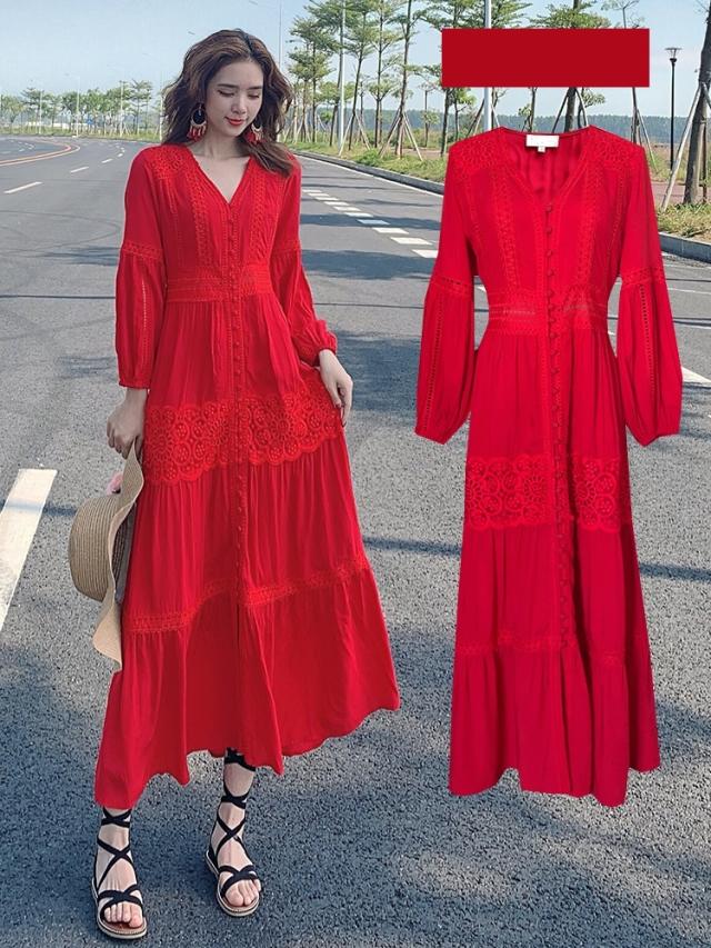 レディース ワンピース Vネッ人気 通販 ク ロング ミモレ丈 半袖 長袖 ティアード 花柄 刺繍 レース フロントボタン パフ袖 パフスリーブ ハイウエスト Aライン 美シルエット 綿 コットン 切り替え おしゃれ 大人 可愛い ラブリー キュート フェミニン 休日 お出かけ 通学 白_6