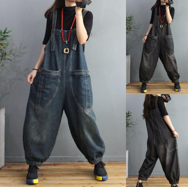 オーバーオール ボトムス Gパン ワイド デニム かわいい レトロ 春 夏 秋 冬 オールシーズン 10代 20代 30代 レディース 学生 お出かけ 公園 休日 アウトドア 普段使い ワンサイズ ブラック ブルー_11