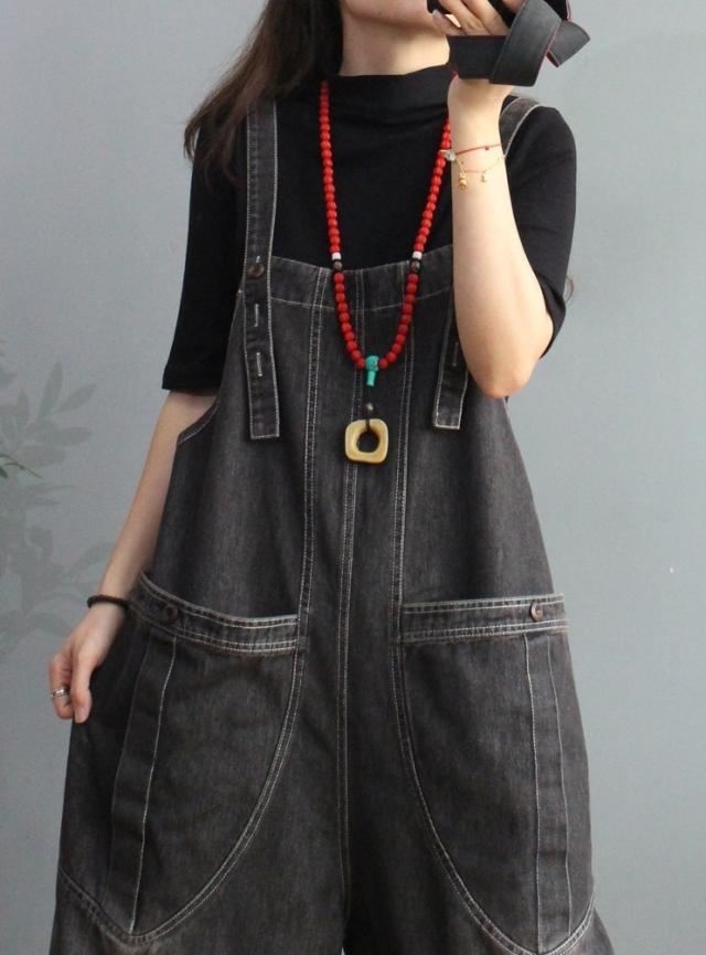 オーバーオール ボトムス Gパン ワイド デニム かわいい レトロ 春 夏 秋 冬 オールシーズン 10代 20代 30代 レディース 学生 お出かけ 公園 休日 アウトドア 普段使い ワンサイズ ブラック ブルー_3