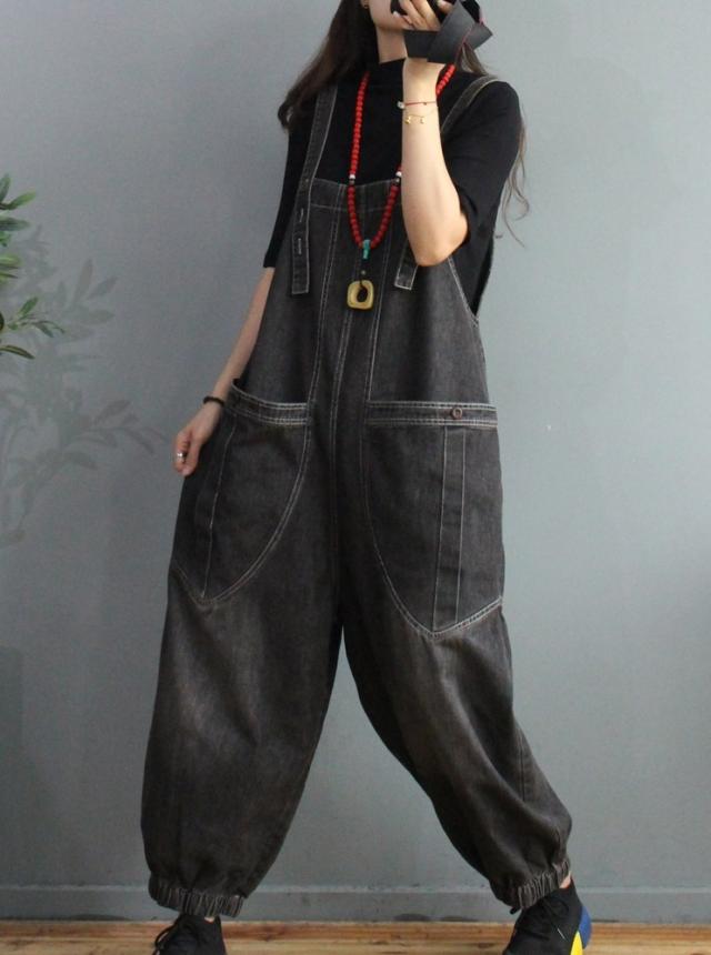 オーバーオール ボトムス Gパン ワイド デニム かわいい レトロ 春 夏 秋 冬 オールシーズン 10代 20代 30代 レディース 学生 お出かけ 公園 休日 アウトドア 普段使い ワンサイズ ブラック ブルー_5