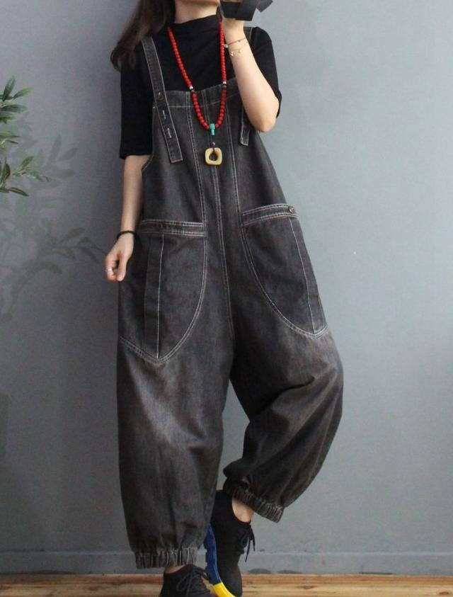 オーバーオール ボトムス Gパン ワイド デニム かわいい レトロ 春 夏 秋 冬 オールシーズン 10代 20代 30代 レディース 学生 お出かけ 公園 休日 アウトドア 普段使い ワンサイズ ブラック ブルー_6