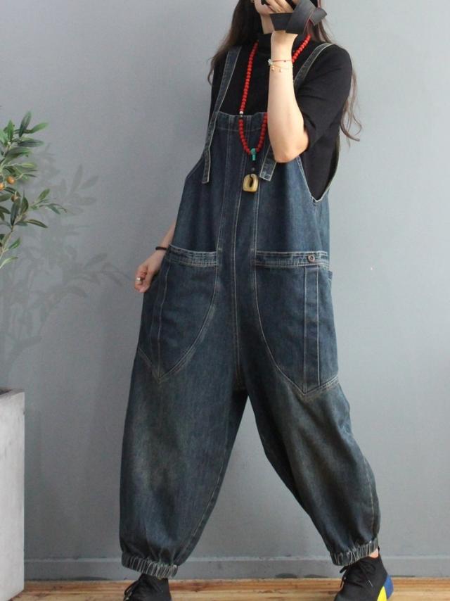 オーバーオール ボトムス Gパン ワイド デニム かわいい レトロ 春 夏 秋 冬 オールシーズン 10代 20代 30代 レディース 学生 お出かけ 公園 休日 アウトドア 普段使い ワンサイズ ブラック ブルー_9