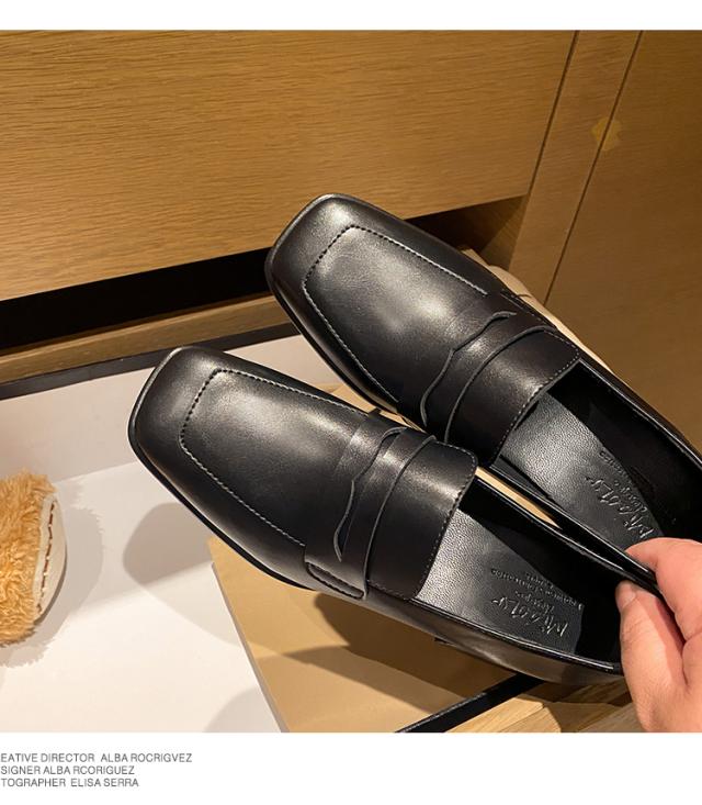 ローファー シューズ ヒール スクエアトゥ レディース 黒 無地 韓国 PU