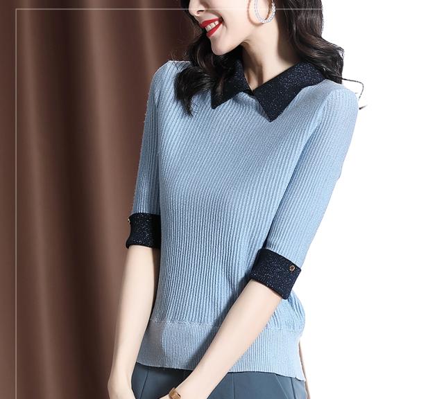 襟付き ニット レディース トップス セーター 半袖 5分袖 リブ ボタン スリム タイト 細身 大人 可愛い きれいめ シンプル おしゃれ こなれ感 無地 バイカラー キラキラ ラメ オフィス 通勤 通学 OL 春 夏 秋 デート 女子会 ランチ ディナー お出かけ デート ブルー 上品