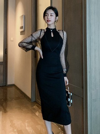 シフォン ワンピース 長袖 黒 ミモレ丈 袖シースルー 春 夏 秋 ドレス ホルターネック スリム タイト 細身 Iライン チュール シフォン 切り替えデザイン バックスリット 透け感 大人 女子 かっこいい きれいめ エレガント セクシー 結婚式 二次会 パーティー キャバ ディナー