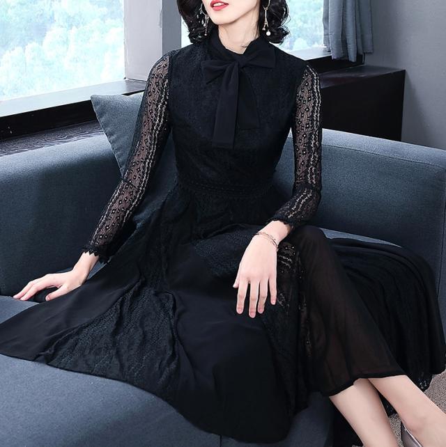 ボウタイ ワンピース 長袖 黒 ミモレ丈 レース 春 夏 秋 切り替えデザイン ドレス フレア ハイネック リボン 透け感 肌みせ 細見え ゴージャス 上品 エレガント クール 大人 女子  おしゃれ ドレッシー 主役級 パーティー イベント お呼ばれ キャバ ホテルディナー 女子会