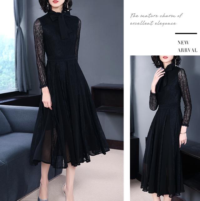 ボウタイ ワンピース 長袖 黒 ミモレ丈 レース 春 夏 秋 切り替え