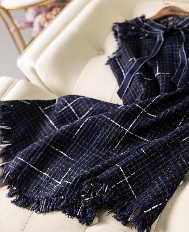 ツイード ワンピース ノースリーブ ミニ ショート丈 リボン フリンジ