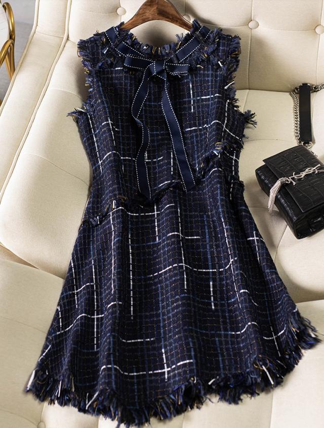 ツイード ワンピース ノースリーブ ミニ ショート丈 リボン フリンジ