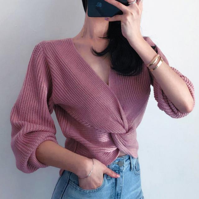 ニット レディース 2way トップス セーター 前後 ショート丈 長袖 Vネック クルーネック かわいい 大人 きれいめ シンプル カジュアル おしゃれ こなれ感 ラブリー キュート ガーリー 無地 デート お出かけ ランチ ディナー 女子会 休日 普段使い 韓国 オルチャン パープルの通販は 5,280円